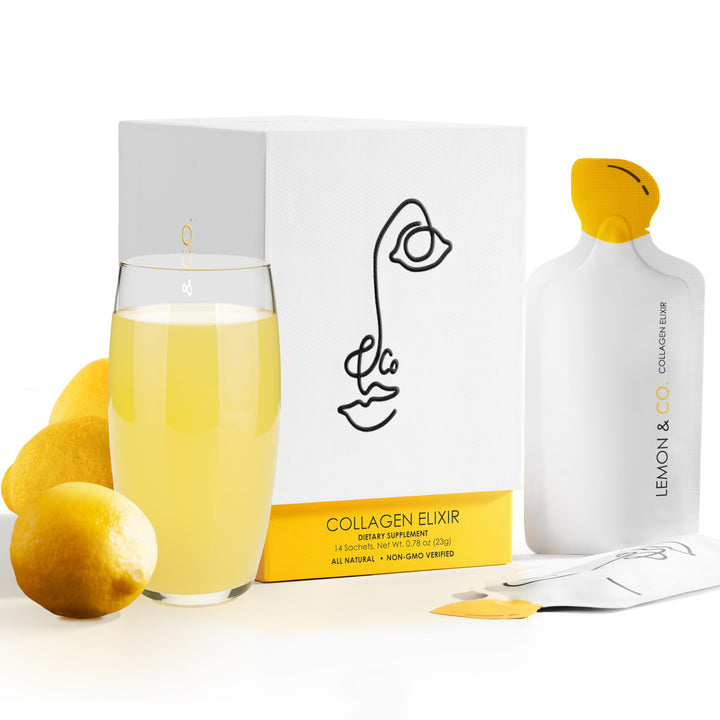 LEMON & CO. Lemon Collagen Elixir - 5g Wild Caught Marine Collagen with Vitamin C & Organic Lemons - Non-GMO, Sugar-Free, Preservative-Free Collagen Water for Nails, Hair & Skin - 14 Packets