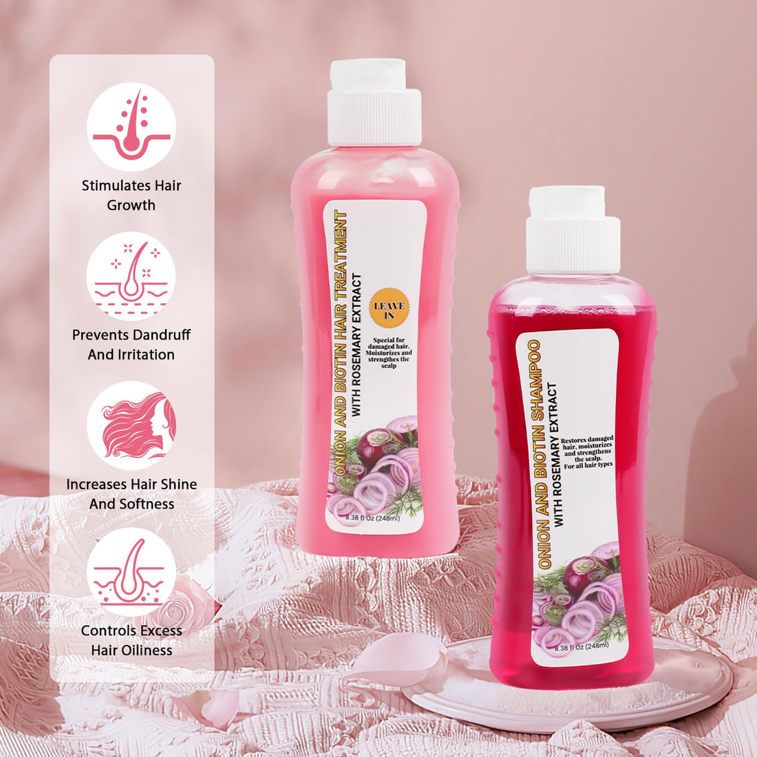 Onion And Biotin Hair Treatment 2 * 8.38 fl Oz, Onion Biotin and Rosemary Shampoo and Treatment Set, Silicone Free Shampoo and Treatment for All Hair Types Conditioner Hair Care