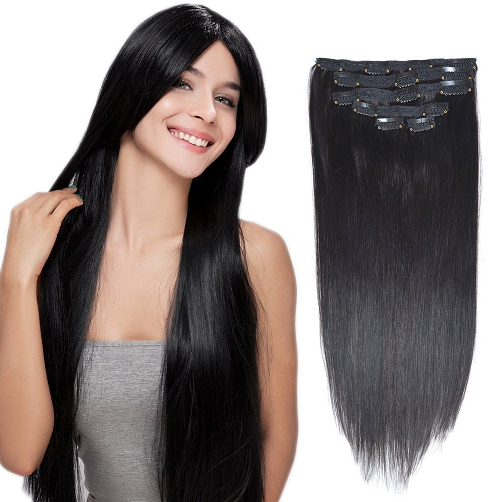 16 , Jet Black(#1) : 16 Clip in Hair Extensions Real Human Hair Jet Black(#1) 6pieces 70grams/2.45oz