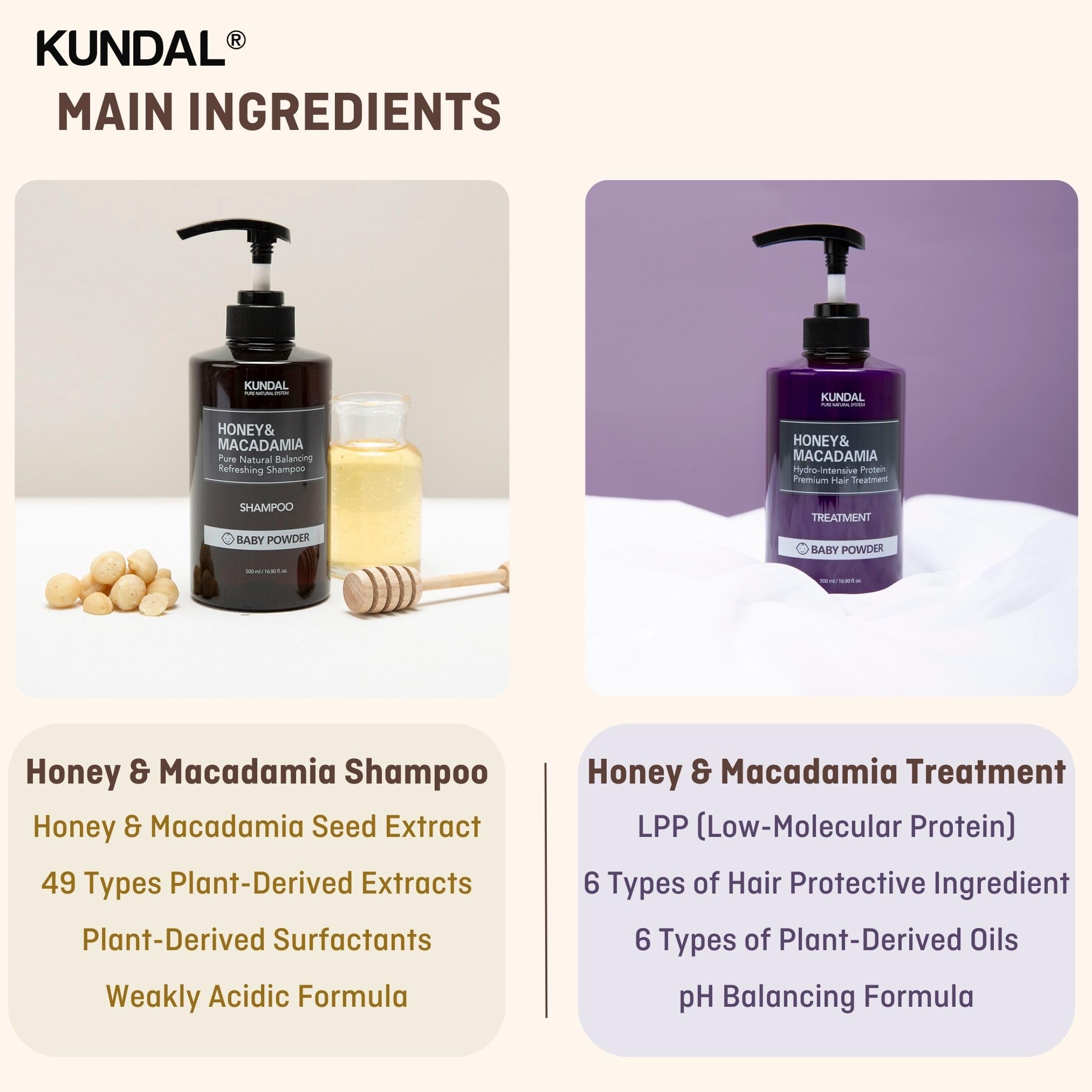 KUNDAL Natural Shampoo and Conditioner Set [Baby Powder] - Korean Hair Care, Long Lasting Fragrance, Moisturize, Nourish, Frizz Control, Argan & Macadamia Oil, Sulfate-Free 16.9fl oz (Pack of 2)