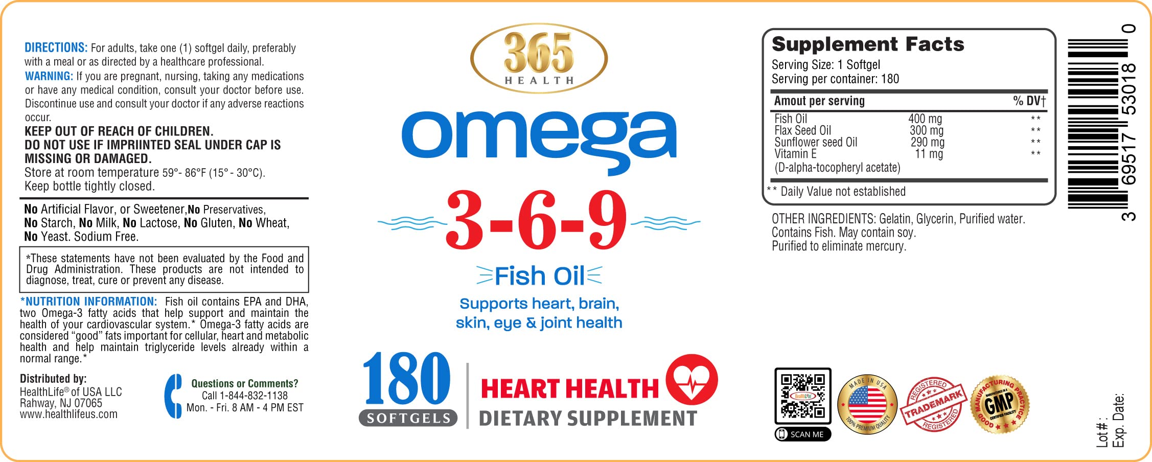 365 Health Omega 3-6-9 180 Softgels | from Fish, Flaxseed, Borage Oils | Non-GMO & Gluten Free