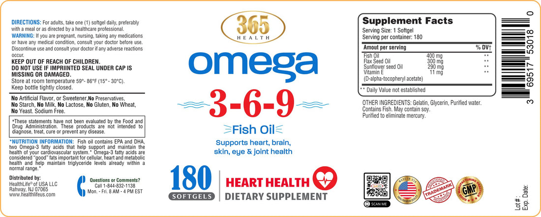 365 Health Omega 3-6-9 180 Softgels | from Fish, Flaxseed, Borage Oils | Non-GMO & Gluten Free