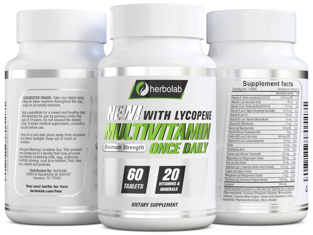 herbolab Multivitamin Once Daily, Max Strength Vitamins A, C, D, E, K, B1, B2, B6, B12, Niacin, Calcium, Magnesium, Zinc, Selenium, Copper, Manganese, Chromium with Lycopene, 60 Count 2 Mo Supply