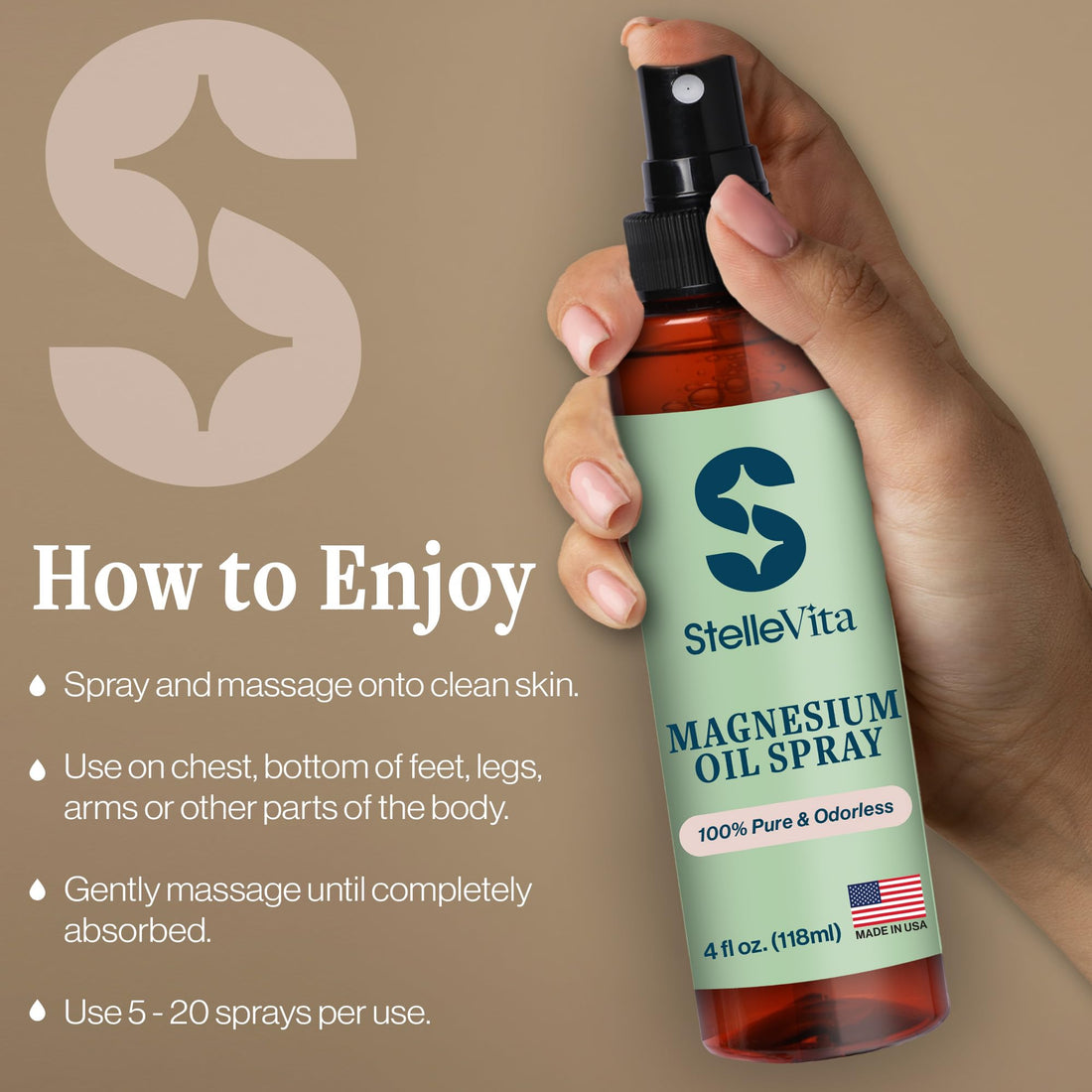 StelleVita Pure Magnesium Oil Spray 4oz - Extra Strength Topical Magnesium Spray for Feet, Body & Skin Care - Sleep and Relaxation 100% Natural Made in USA