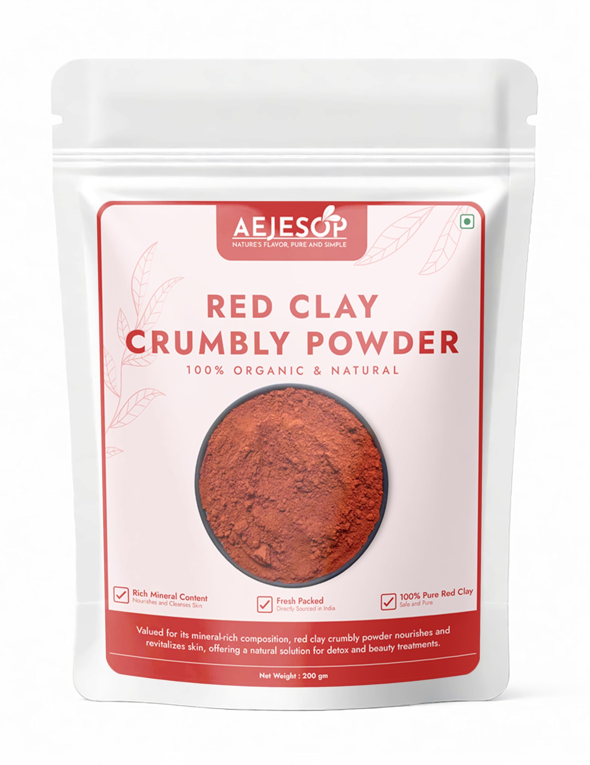 AEJESOP Natural Indian Red Clay Crumbly Powder, Rhassoul Ghassoul Clay Powder, 100% Pure Natural Powder, Clay Face Mask - 7oz (200gm)