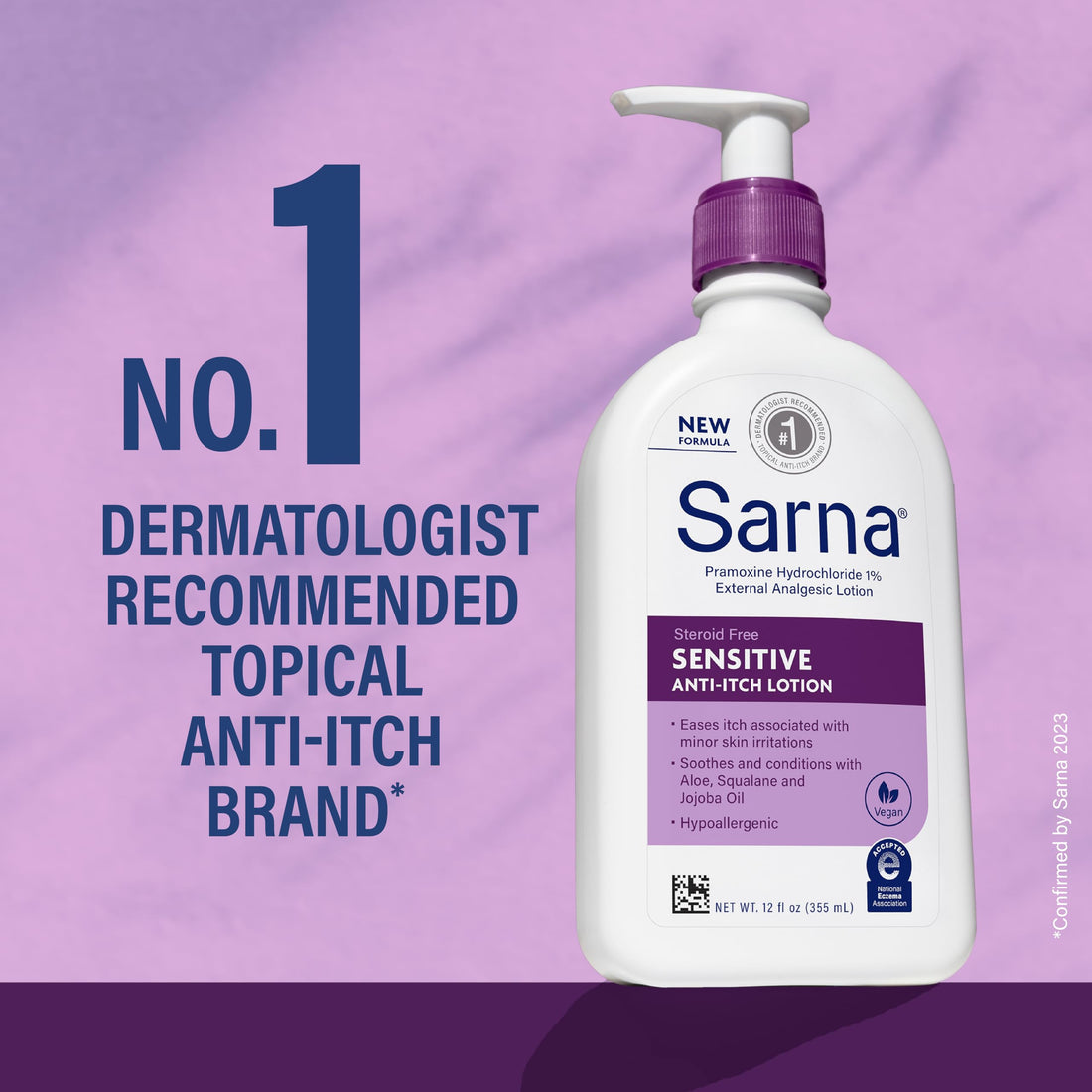 Sarna Sensitive Anti-Itch Lotion, Steroid-Free, Fragrance-Free, Vegan, Hypoallergenic, National Eczema Association Accepted, 1% Pramoxine Hydrochloride, 12 oz