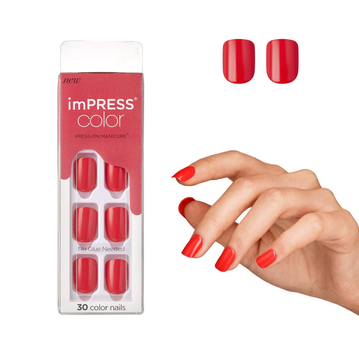 KISS imPRESS Color Press-On Manicure, Gel Nail Kit, PureFit Technology, Short Length, ââ‚¬Å“Corally Crazyââ‚¬Â, Polish-Free Solid Color Mani, Includes Prep Pad, Mini File, Cuticle Stick, and 30 Fa