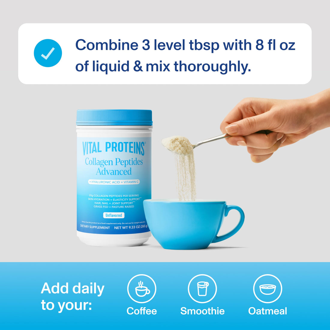 Vital Proteins Collagen Powder Supplement Hydrolyzed Peptides with Hyaluronic Acid and Vitamin C - Non-GMO, Dairy & Gluten Free Unflavored, 9.33oz