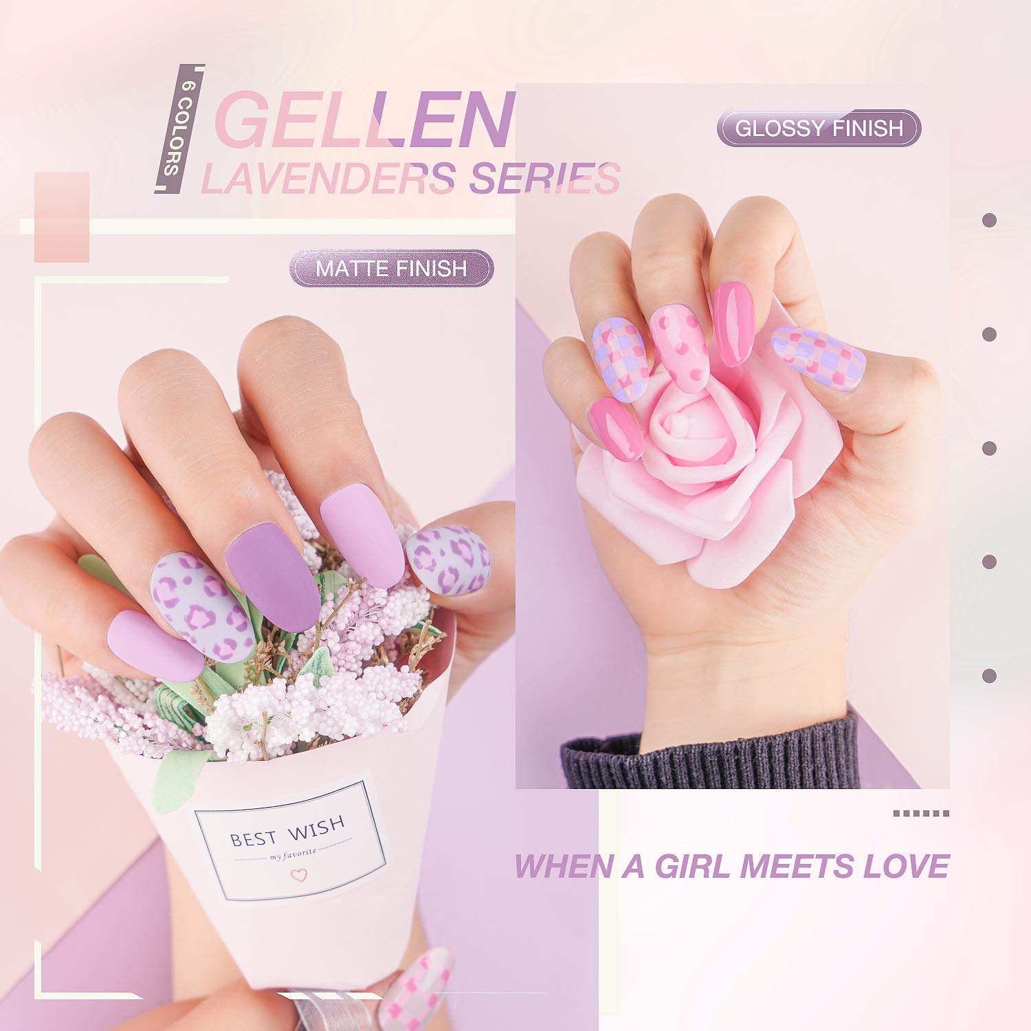 Gellen Gel Nail Polish Kit - 6 Colors Lavenders Series - Violet Lilac Rose Pink Popular Nail Gel Colors Nail Art DIY Home Gel Manicure Set