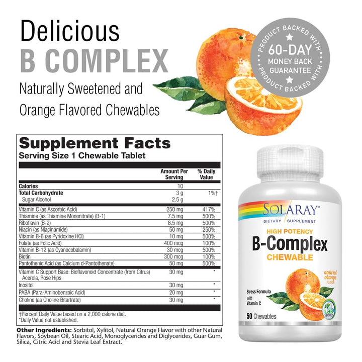 Solaray Vitamin B-Complex 250mg Natural Orange Flavor | Healthy Hair, Skin, Immune Function & Metabolism Support | Lab Verified | 50 Chewables