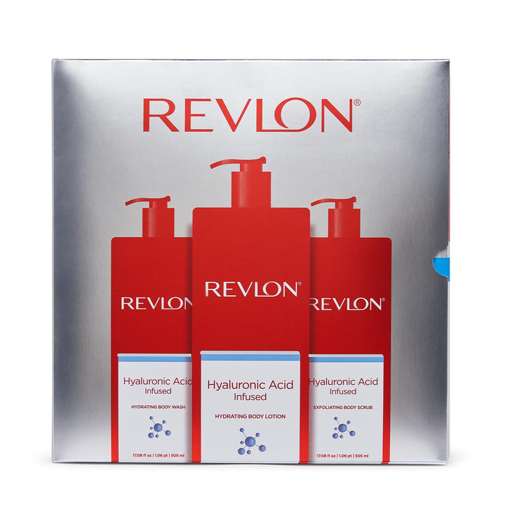 REVLON Trio Bodycare, Hyaluronic Acid Infused, Hydrating Body Wash, Body Lotion, Exfoliating Body Scrub, 3 Count (17.08 fl oz)