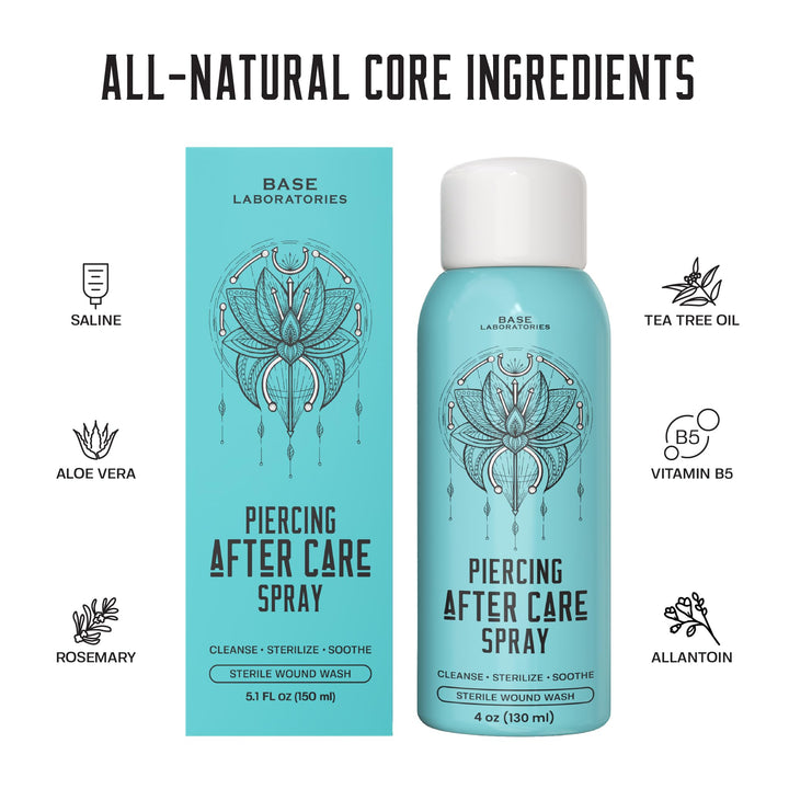 BASE LABORATORIES Piercing Aftercare Spray 4oz | Saline Spray for Piercings | Ear Piercing Cleaner | Saline Solution for Piercings | Keloid Bump Removal for Ears, Belly Nose Piercings - 2PK