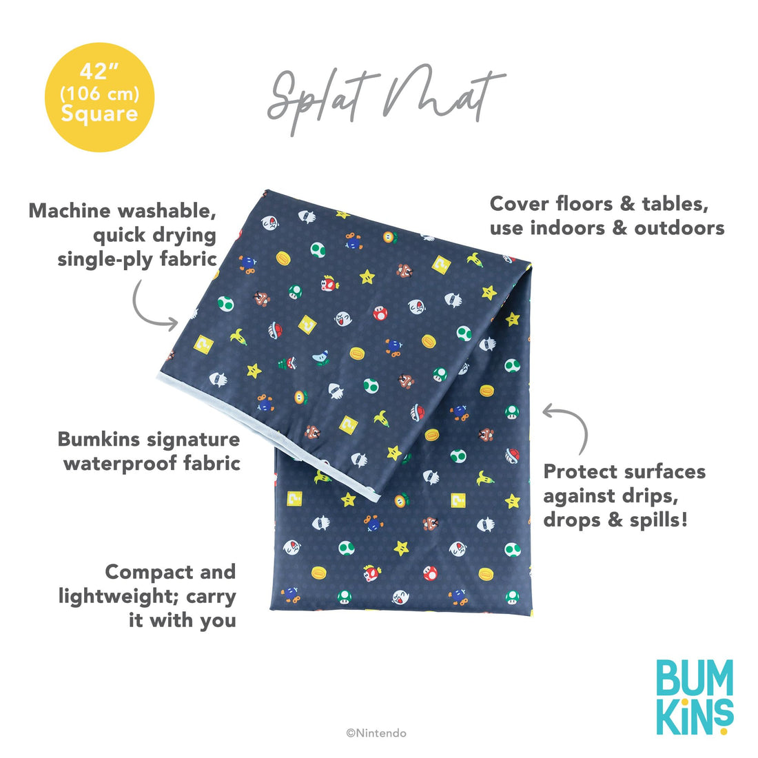 Bumkins Baby Splat Mat for Under High Chair, Babies Toddlers Eating Mess Mat, Waterproof Reusable Cloth for Arts and Crafts, Playtime Mat for Kids, Floor or Table, 42inx42in, Nintendo Super Mario