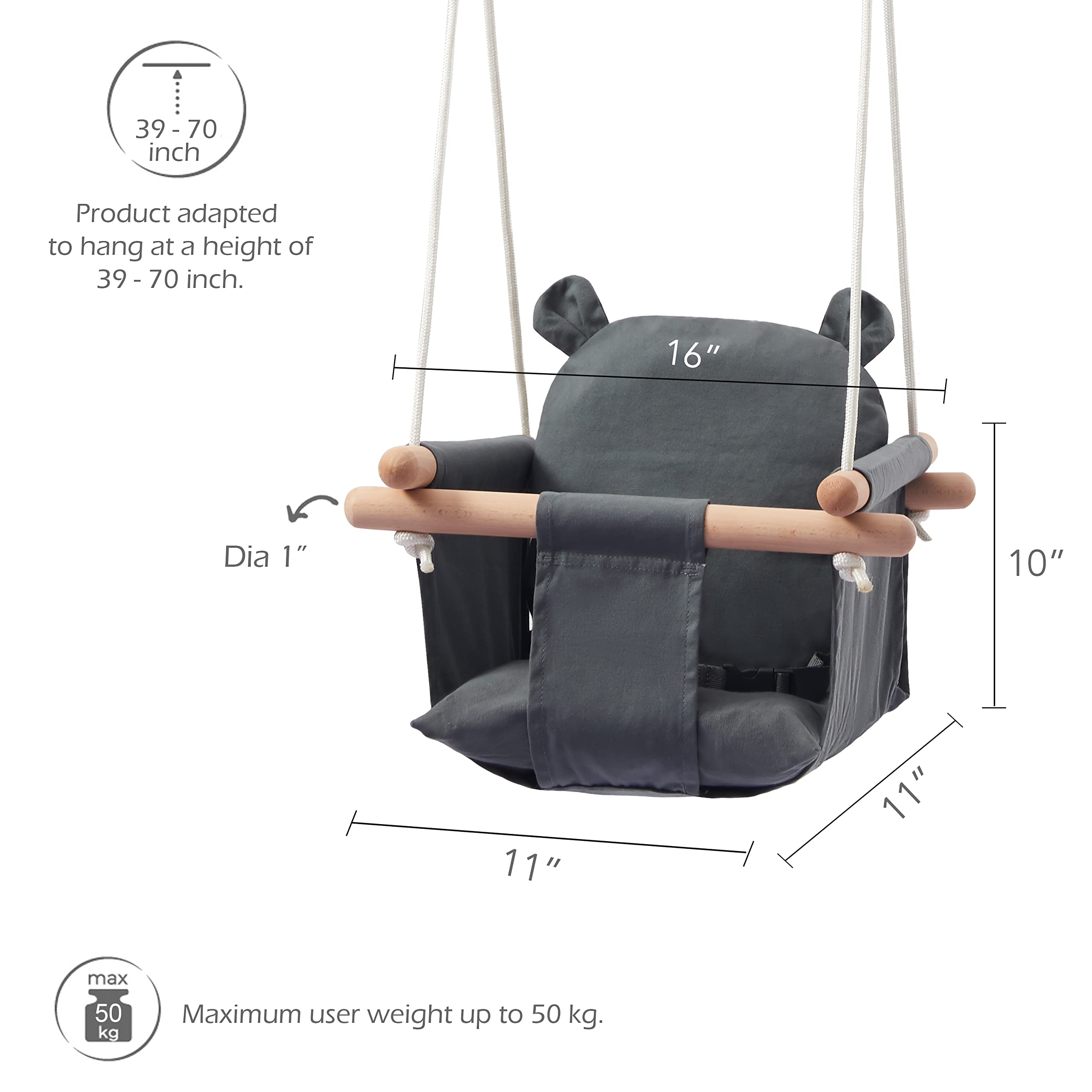 Secure Baby Swing Seat with Safety Belt - Baby Canvas and Wooden Swing Chair with Ear Décor Cushion - Hanging Indoor Swing for Infants & Baby Swing Outdoor - Tree Toddler Swing for Backyard Outside