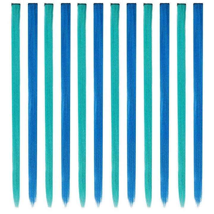 FESHFEN Colored Hair Extension, 12 PCS Teal, Blue Hairpiece for Girls Princess Party Highlight Colorful Straight Hair Extensions Clip in Costumes Hair Piece for Girls Dolls, 20 inch