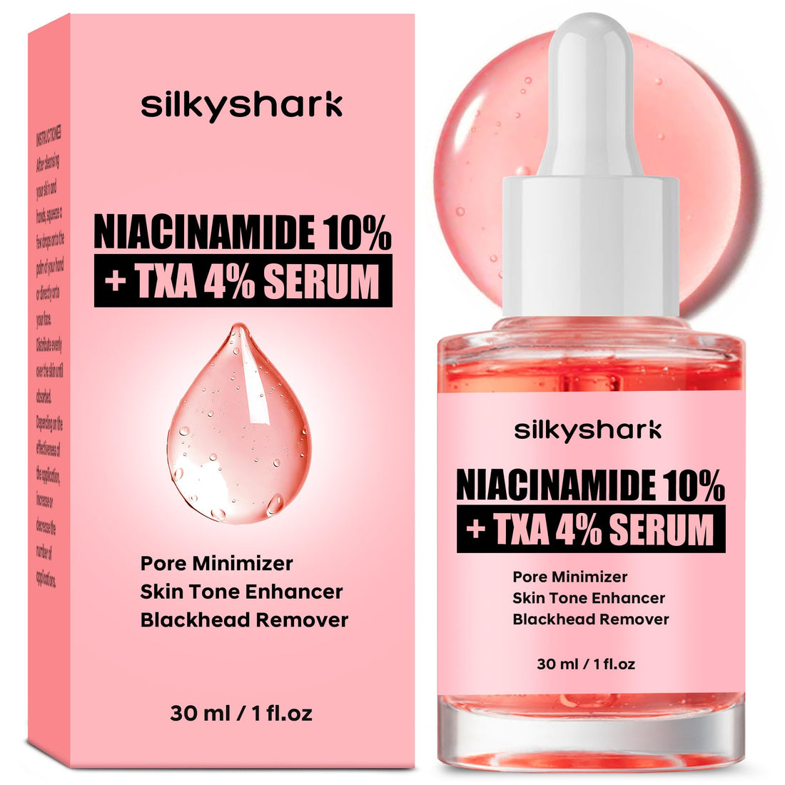 SilkyShark Niacinamide Serum (1 Fl Oz), 10% Niacinamide + 4% Tranexamic Acid, Face Serum for Pore Minimizing, Dark Spots, Blackhead Removal, Hydrating, and Anti-Aging