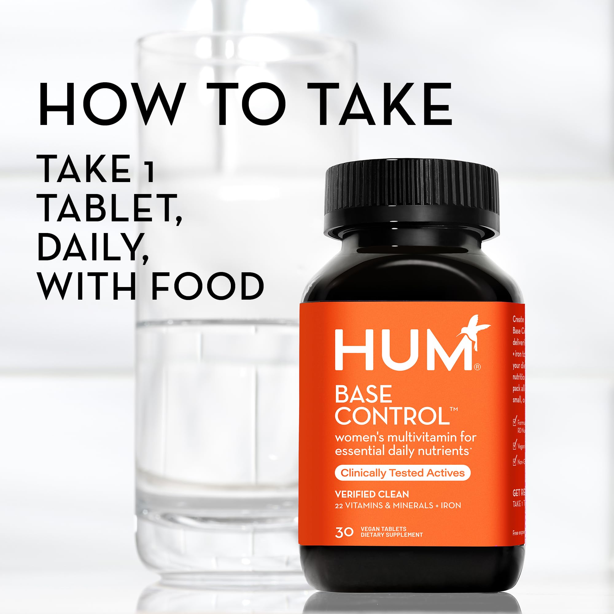 HUM Base Control - Daily Women's Multivitamin & Minerals w/B Complex, Vitamin C, 22 Micro-Nutrients + Iron & Biotin to Support Pre-Menopause Women - Non-GMO & Gluten-Free (30 Tablets)
