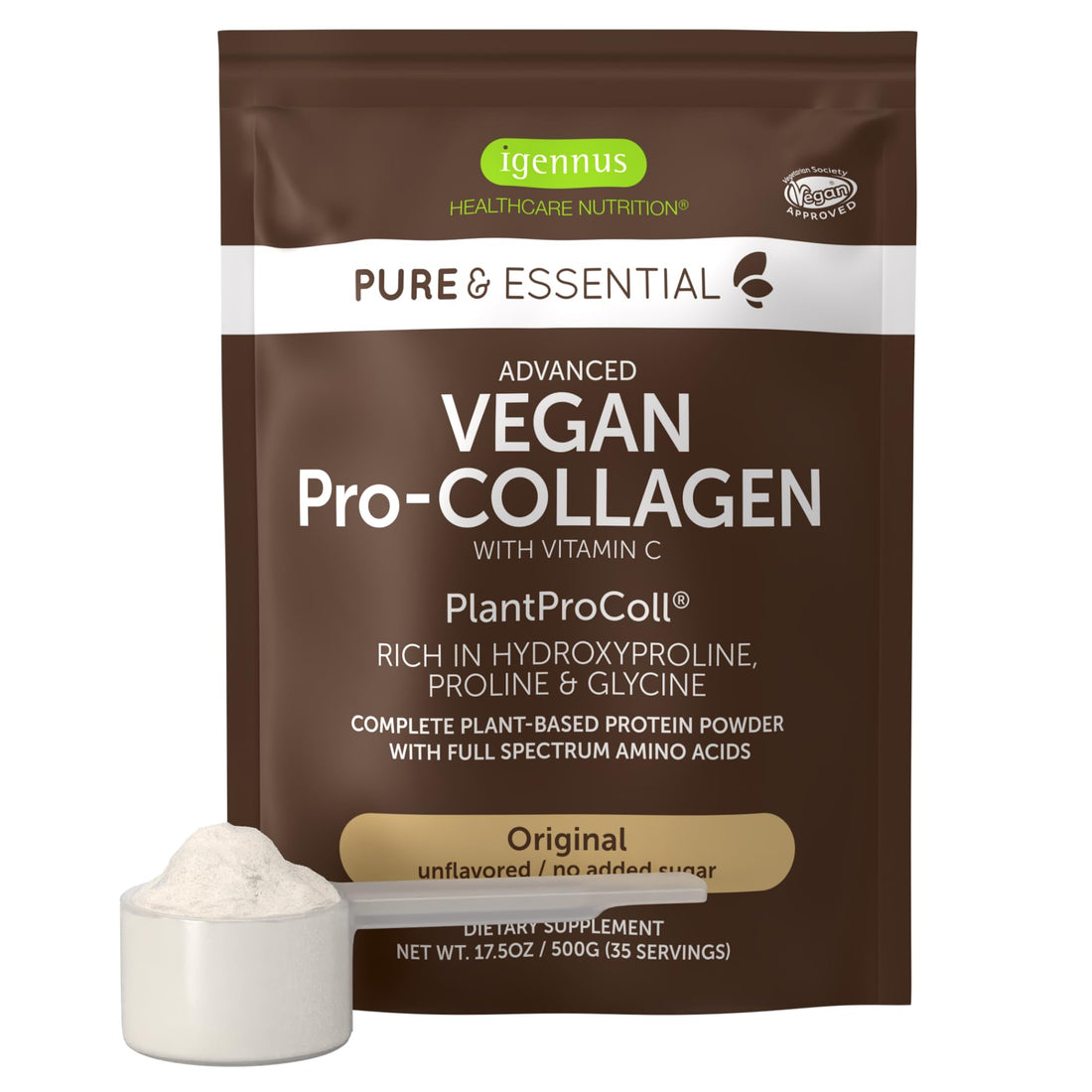 Vegan Collagen Peptide Powder, Enhanced with Glycine, Proline & Hydroxyproline & Cofactor Vitamin C, Non GMO, Complete Vegetarian Plant Based Collagen Powder Booster, 35 Servings, Pure & Essential