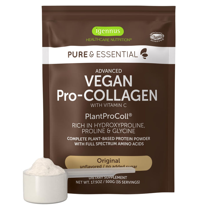 Vegan Collagen Peptide Powder, Enhanced with Glycine, Proline & Hydroxyproline & Cofactor Vitamin C, Non GMO, Complete Vegetarian Plant Based Collagen Powder Booster, 35 Servings, Pure & Essential