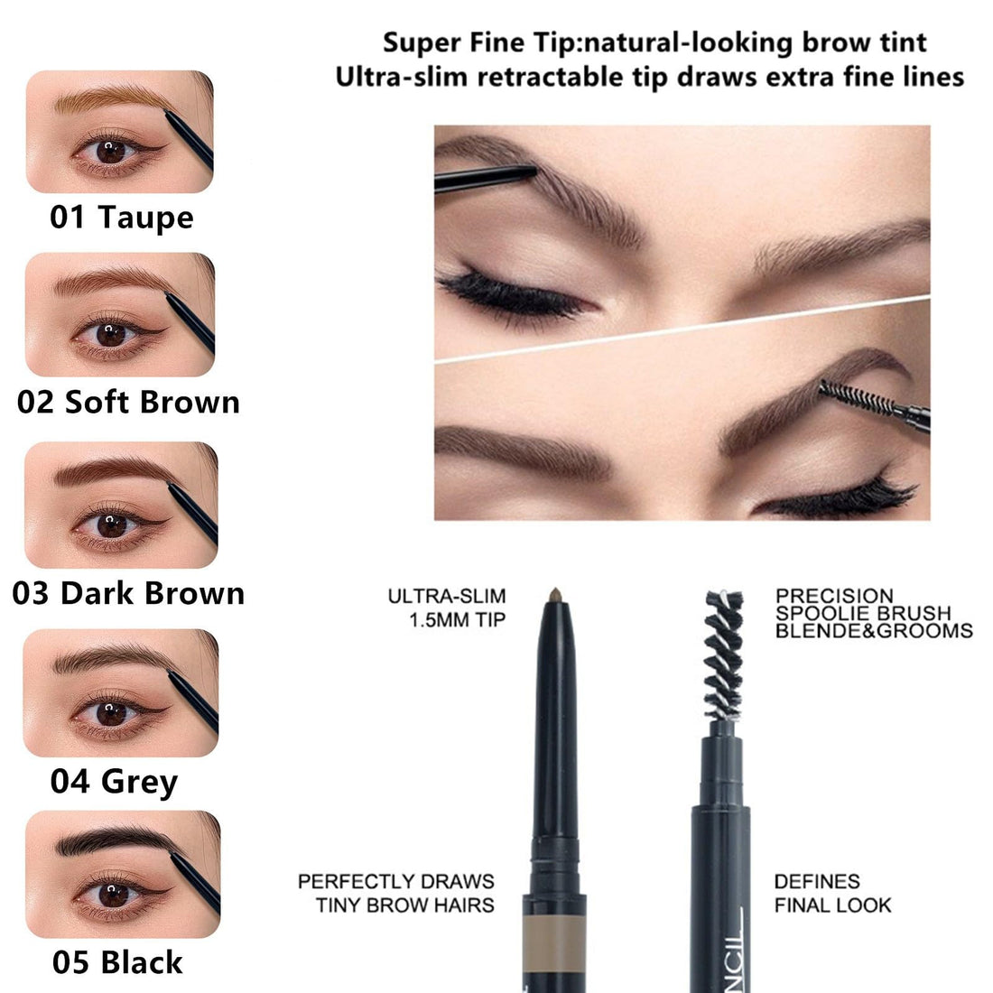 Go Ho Waterproof Taupe Eyebrow Pen with Brush,Dual-sided Fine Eyebrow Pencil,Natural-Looking,Long Lasting,Draws Tiny Brow Hairs and Fills in Sparse Ultra-Fine Brow Pen,01