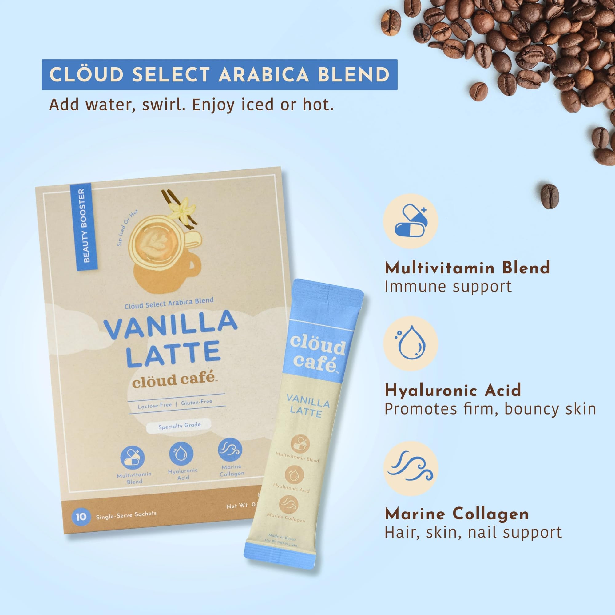 Clöud Café Collagen Infused Vanilla Latte Instant Coffee Packets - Hyalruonic Acid, Multivitamin Powder, & Marine Collagen Single Serve Instant Coffee (10 Sachets)