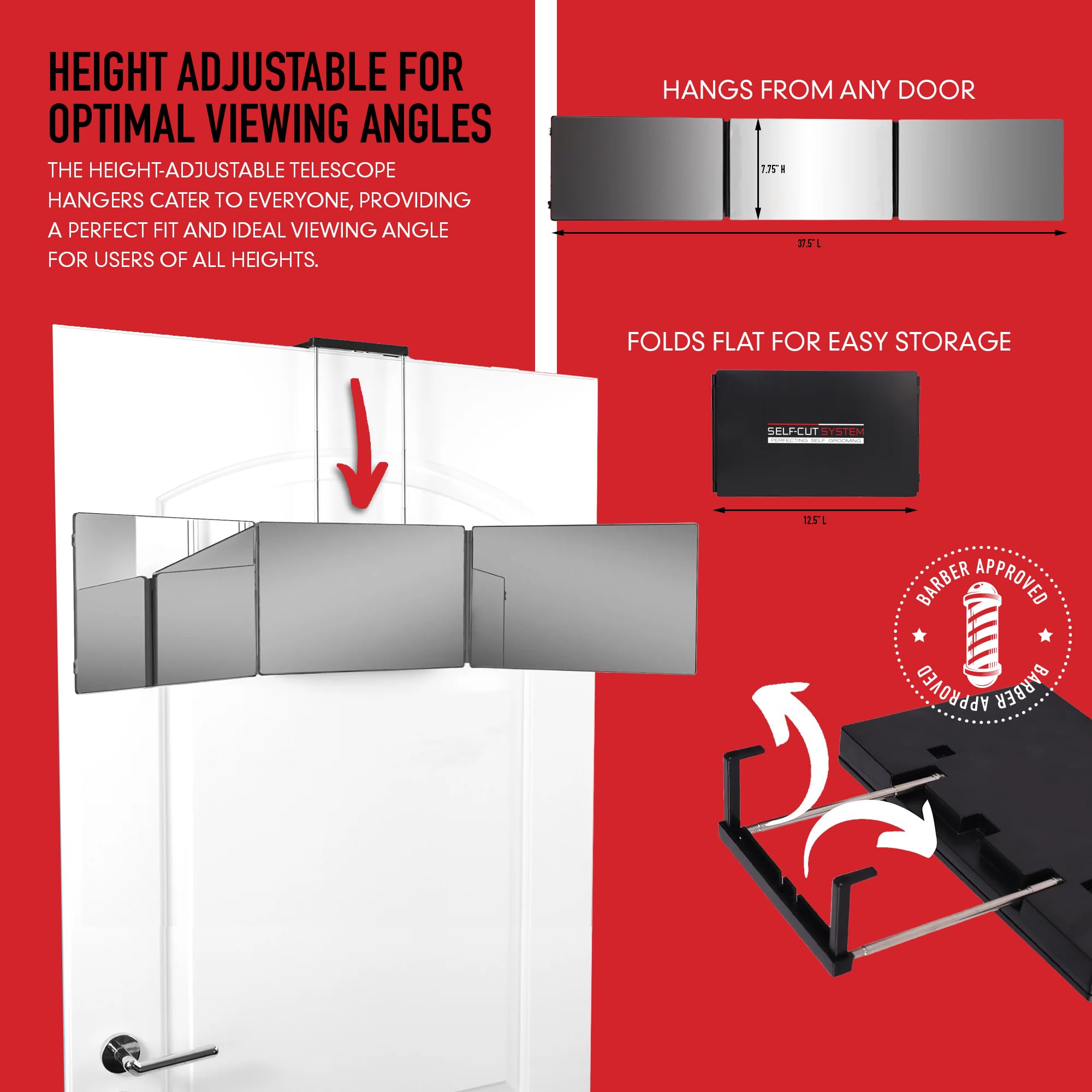 SELF-CUT SYSTEM Travel Version - Three Way Mirror for Self Hair Cutting with Height Adjustable Telescoping Hooks and Free Educational Mobile App