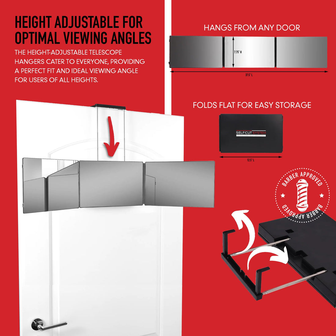 SELF-CUT SYSTEM Travel Version - Three Way Mirror for Self Hair Cutting with Height Adjustable Telescoping Hooks and Free Educational Mobile App