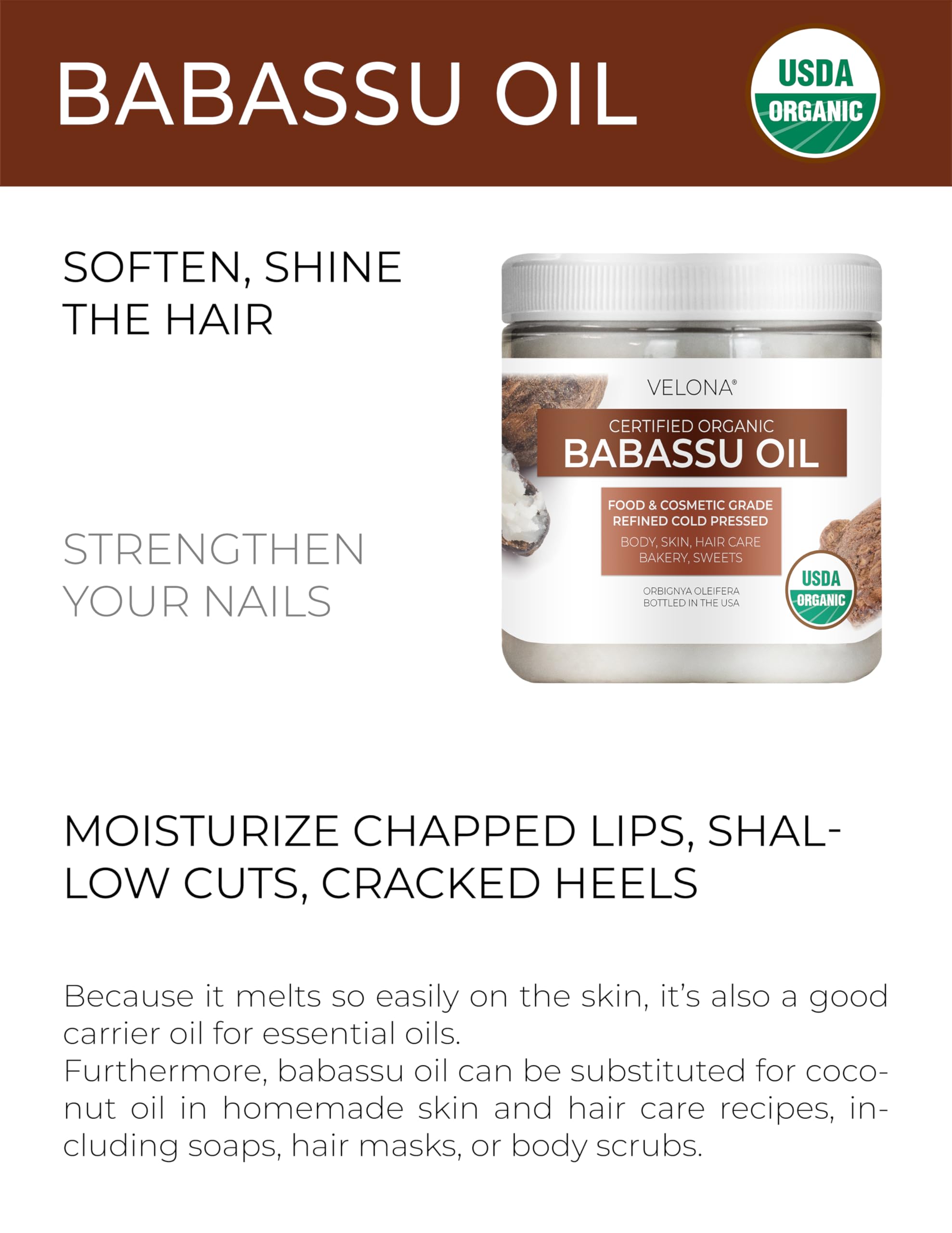 velona Babassu Oil USDA Certified Organic - 4 Fl Oz | 100% Pure and Natural Carrier Oil | Refined, Cold Pressed | Face, Hair, Body & Skin Care and Cooking | Use Today - Enjoy Results