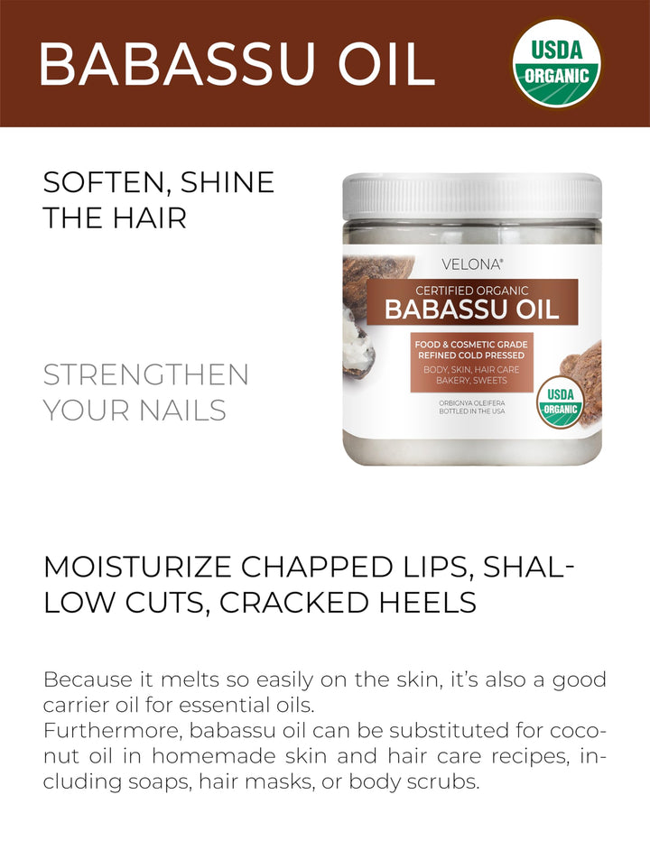 velona Babassu Oil USDA Certified Organic - 4 Fl Oz | 100% Pure and Natural Carrier Oil | Refined, Cold Pressed | Face, Hair, Body & Skin Care and Cooking | Use Today - Enjoy Results