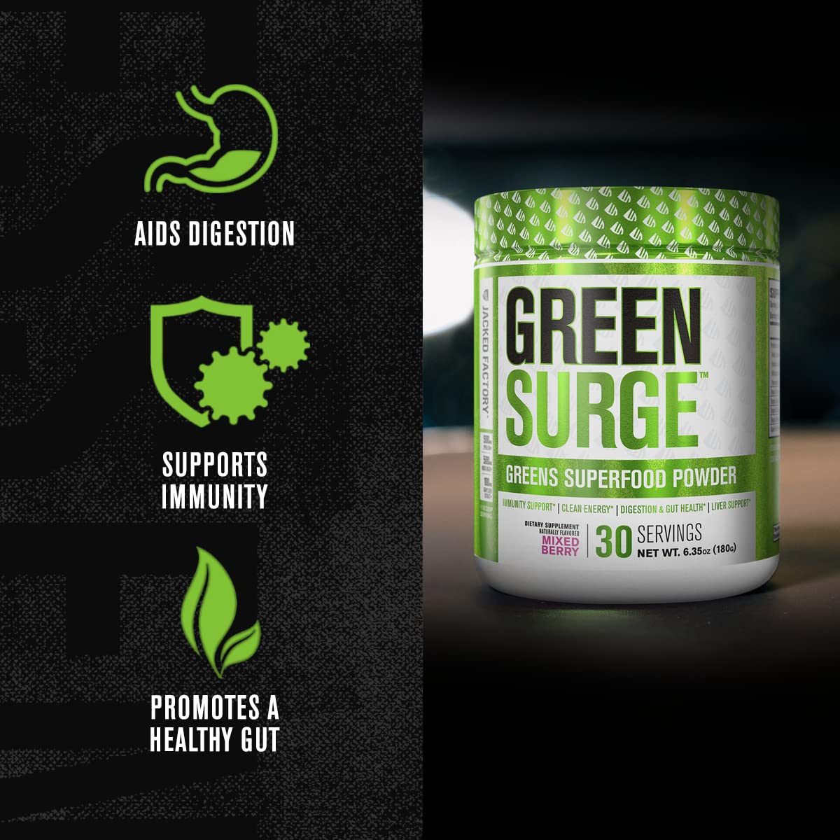 Jacked Factory Green Surge Green Superfood Powder - Keto Friendly Greens Drink w/Spirulina, Wheat & Barley Grass, Organic Greens - Green Tea Extract, Probiotics & Digestive Enzymes - Mixed Berry