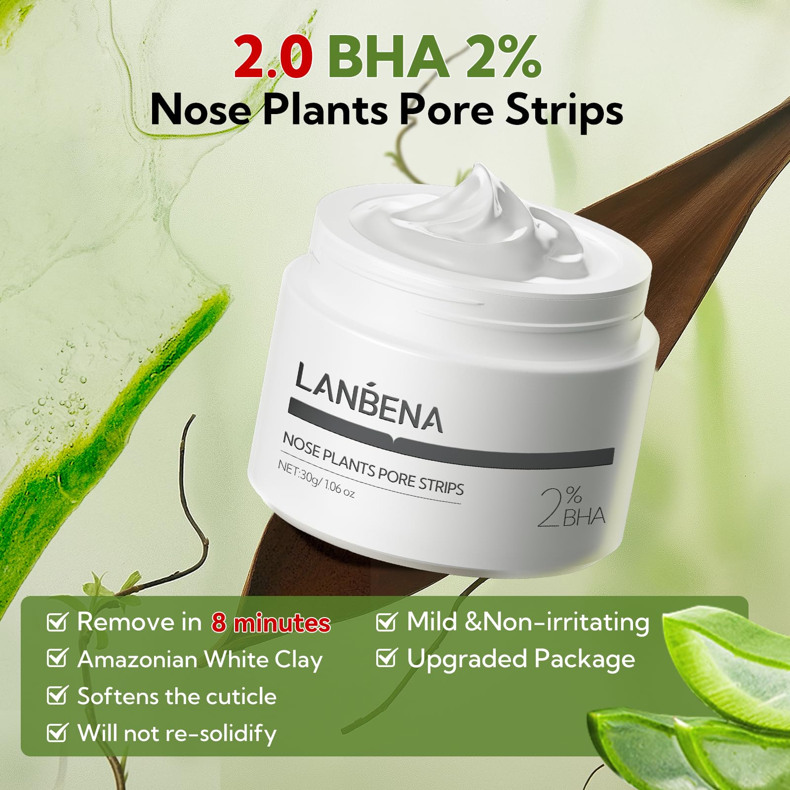 LANBENA 2 PCS Pore Strips, 2% BHA(Salicylic Acid) Nose Pore Strips 2.0 + Bamboo Charcoal Blackheads Remover Peel off Mask 3.0, Plants Pore Cleanser Purifying, added Amazonian White Clay, Oil Contro