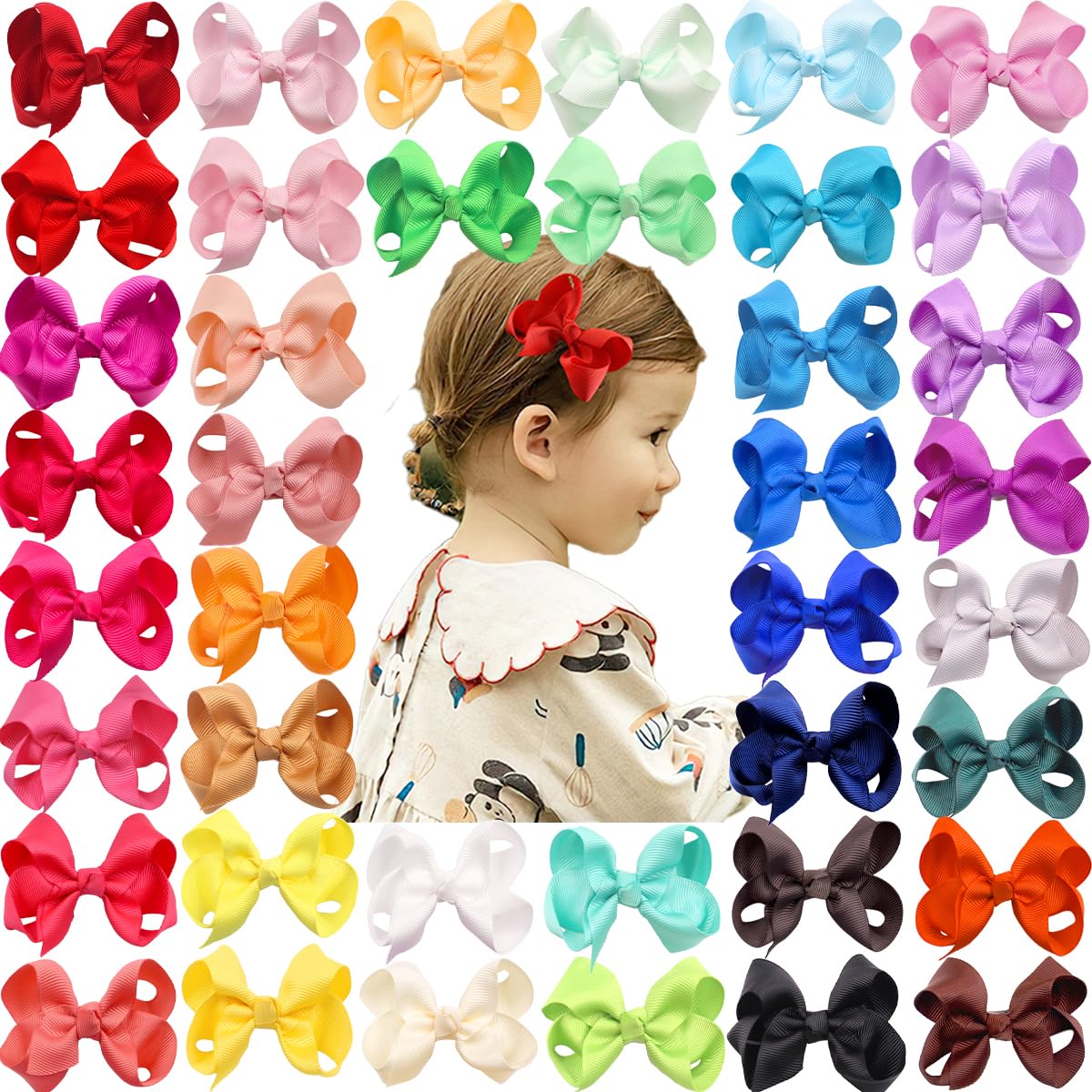 CÉLLOT 40 Pieces 3 Inch Hair Bows for Girls Clips Grosgrain Ribbon Boutique Hair Bow Alligator Clips For Girls Teens Toddlers Kids
