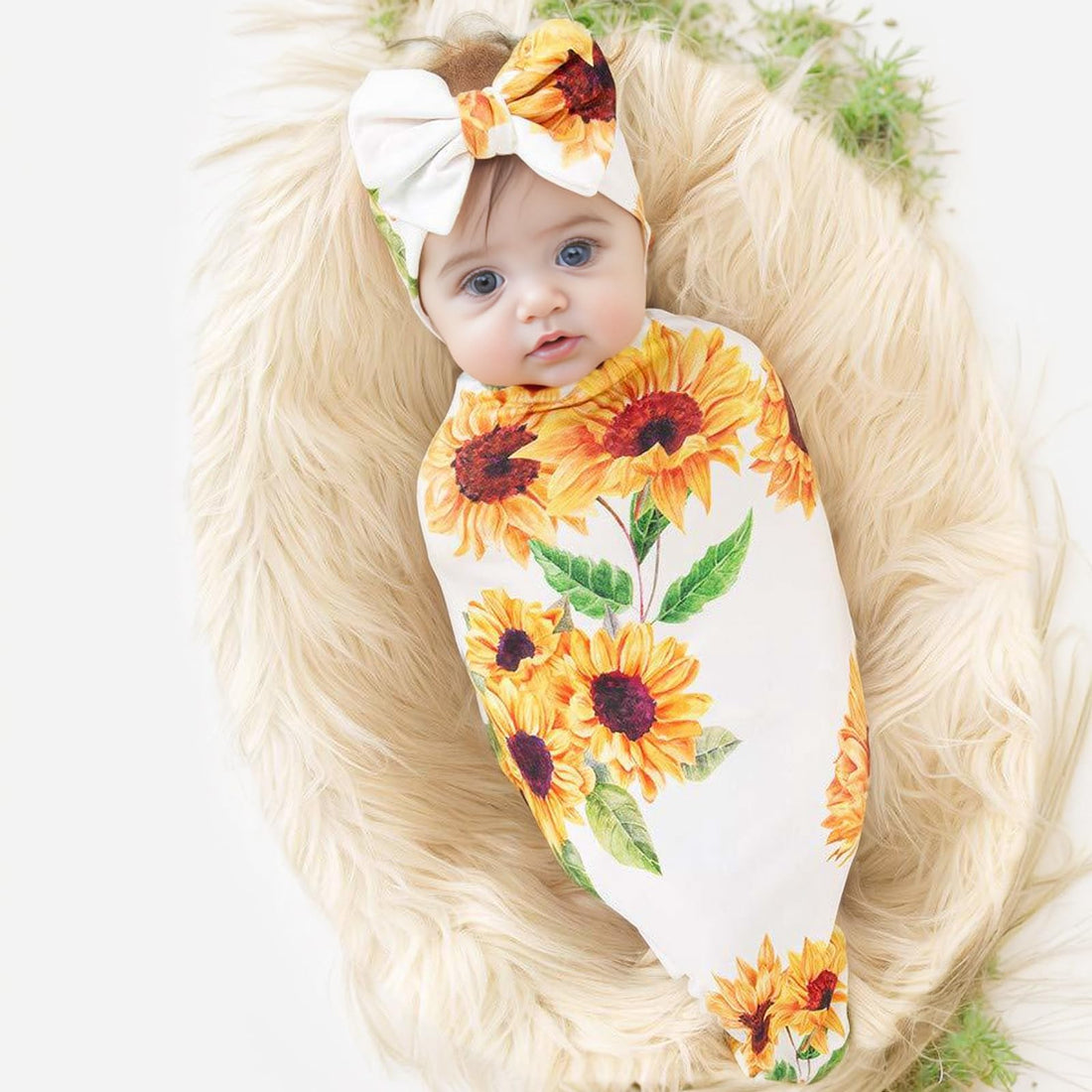 Galabloomer Newborn Sunflower Receiving Blanket Headband Set Baby Flower Rose Swaddle with Big Bow