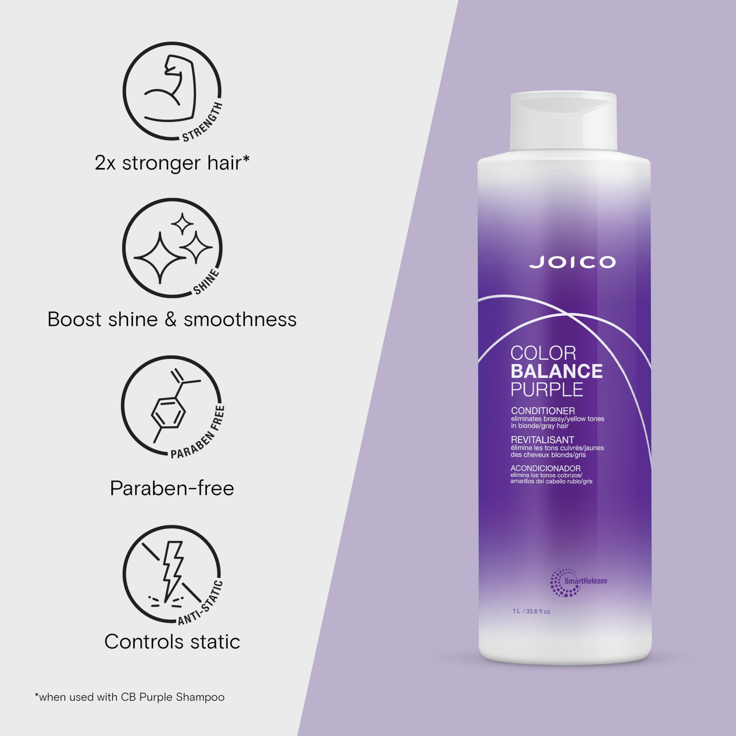 Joico Color Balance Purple Conditioner | For Cool Blonde, Gray Hair | Eliminate Brassy Yellow Tones | Boost Color Vibrancy & Shine | UV Protection | With Rosehip Oil & Green Tea Extract | 33.8 Fl Oz