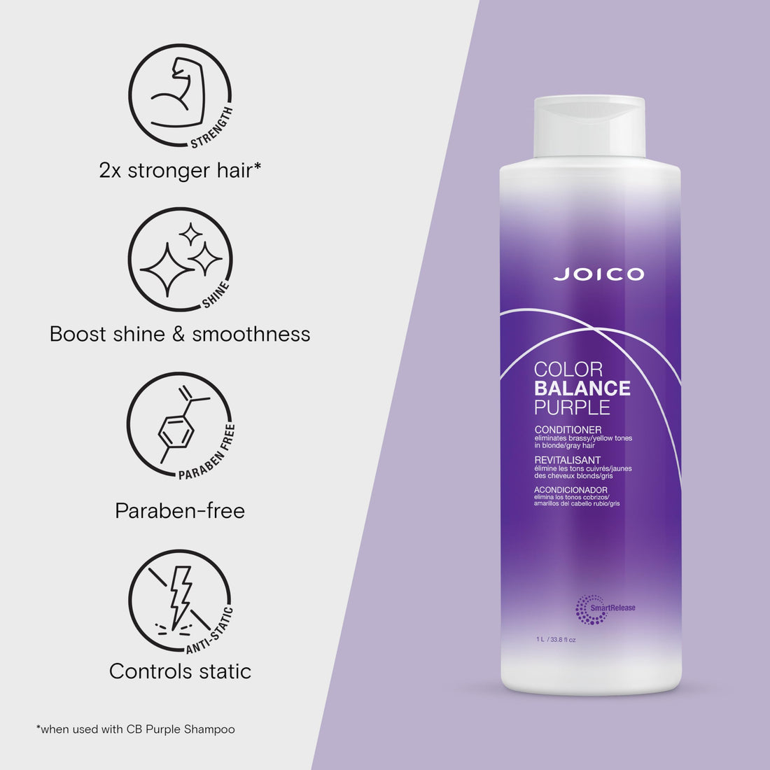 Joico Color Balance Purple Conditioner | For Cool Blonde, Gray Hair | Eliminate Brassy Yellow Tones | Boost Color Vibrancy & Shine | UV Protection | With Rosehip Oil & Green Tea Extract | 33.8 Fl Oz
