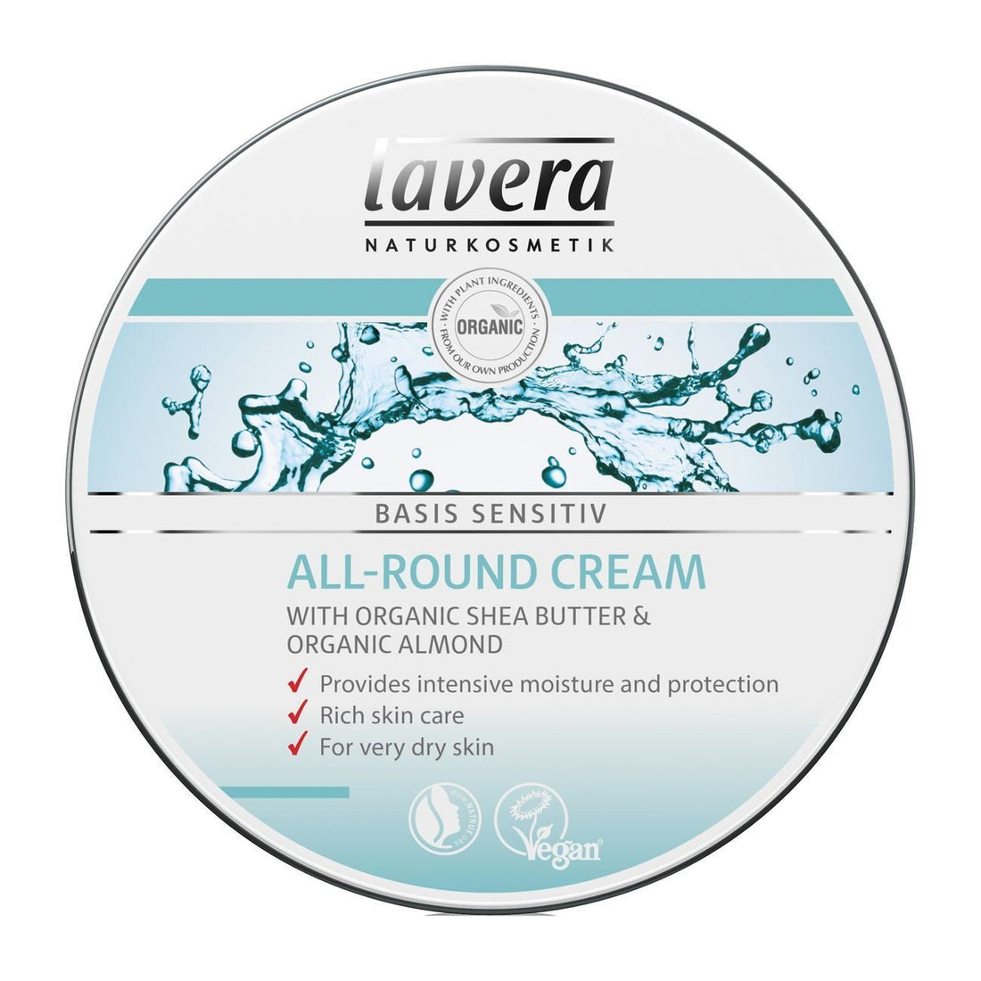 lavera Basis Sensitive All Purpose Cream - Body Cream with Organic Aloe Vera & Almond Oil - Intensive Care for Dry Skin - Moisturizing Face Cream - PETA Certified - Vegan - Made in Germany - 5.1 Fl Oz