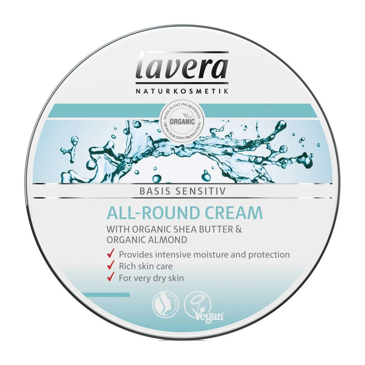 lavera Basis Sensitive All Purpose Cream - Body Cream with Organic Aloe Vera & Almond Oil - Intensive Care for Dry Skin - Moisturizing Face Cream - PETA Certified - Vegan - Made in Germany - 5.1 Fl Oz