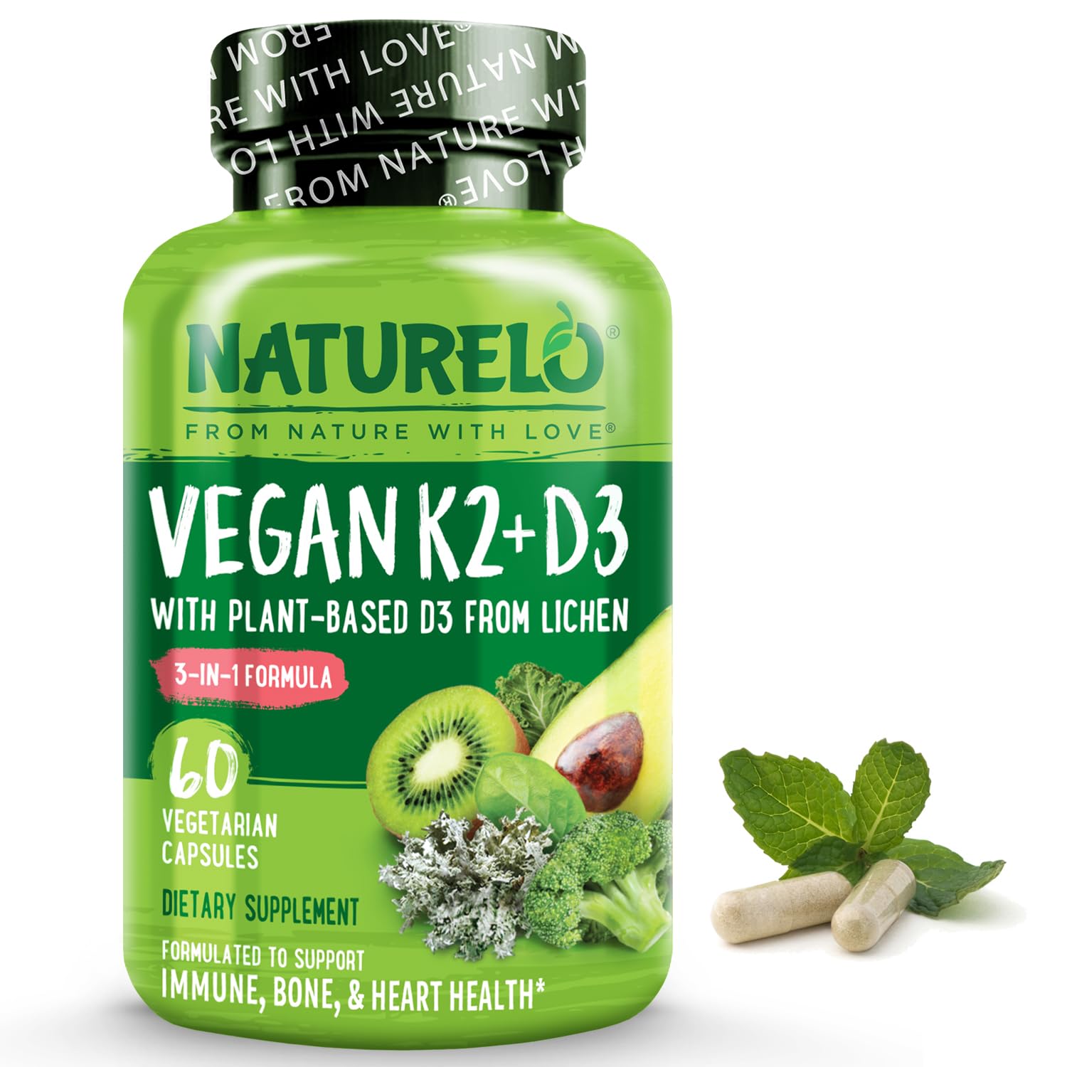 NATURELO Vitamin D3 K2 - Vegan K2+D3 with Plant Based D3 from Lichen - Natural D3 Supplement for Immune System, Bone Support, Heart Health - Whole Food - Non-GMO - Gluten Free, 60 Capsules