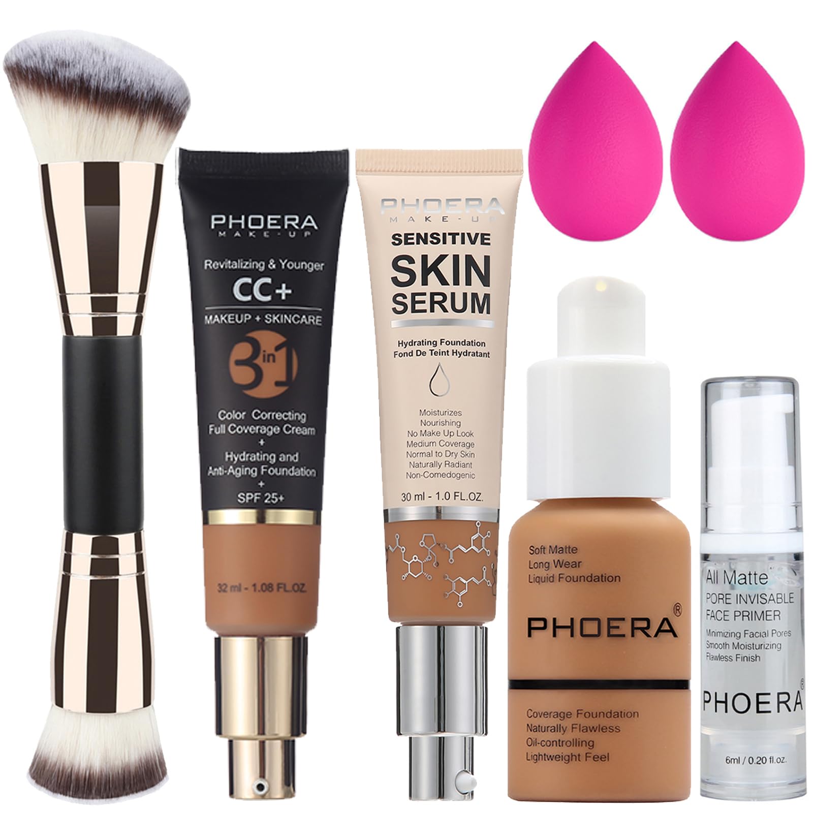 PHOERA Foundation Full Coverage,PHOERA CC+ Cream,2024 New PHOERA Foundation Makeup for Mature Skin, Wrinkles Matte Natural Finish,Primer (108+180CC+N05/ Tan+ Tan+Tan)