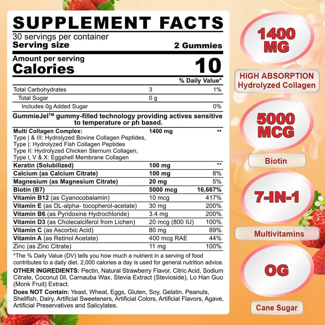 Sugar Free Hydrolyzed Collagen Peptides Gummies for Women, Multi Hydrolyzed Collagen Type I II III V X Supplement w/Keratin Calcium Magnesium for Hair, Skin & Nails, Healthy Joints, Anti-Aging, 60cts
