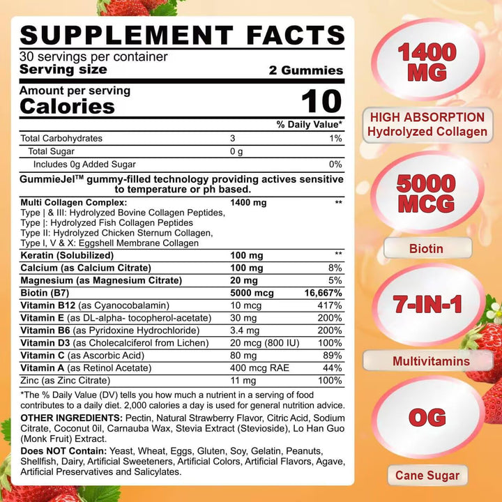 Sugar Free Hydrolyzed Collagen Peptides Gummies for Women, Multi Hydrolyzed Collagen Type I II III V X Supplement w/Keratin Calcium Magnesium for Hair, Skin & Nails, Healthy Joints, Anti-Aging, 60cts