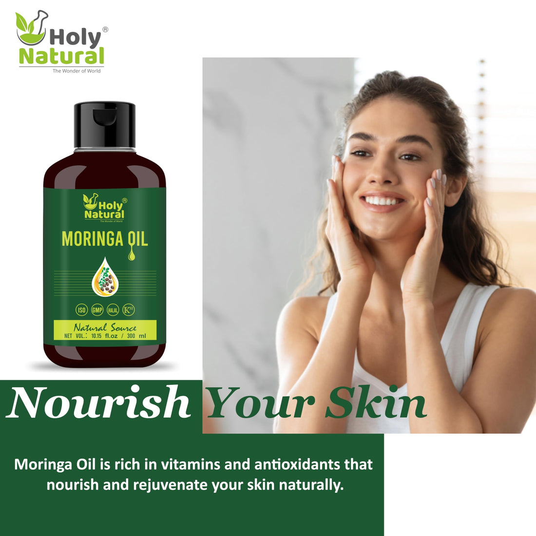 Holy Natural's Moringa Oil (10.15 fl oz/ 300ml) | Pure & Natural, Cold Pressed Virgin, Good For Skin, Hair and Body