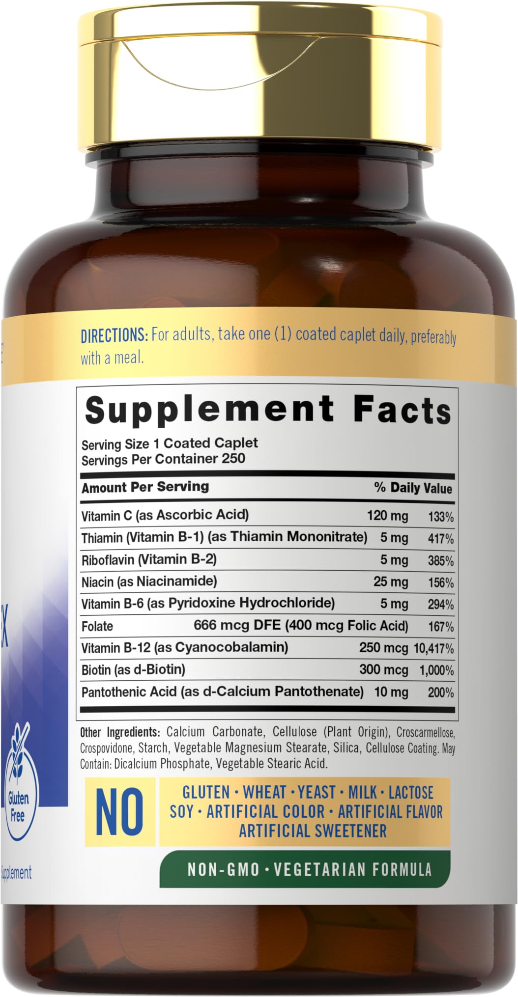 Carlyle Vitamin B Complex Plus Vitamin C | 250 Caplets | Vegetarian, Non-GMO and Gluten Free Supplement