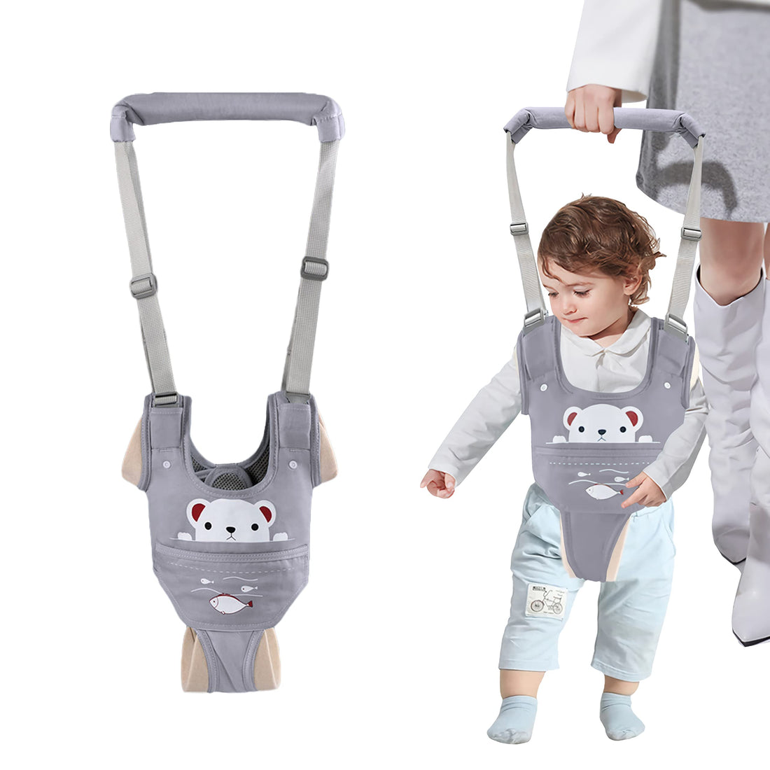 Huifen Baby Walking Harness, Handheld Kids Walker Helper with Detachable Crotch Adjustable Walker Harness Assistant Belt Baby Learning Walk Toddler Infant Walker 9-24 Months (Grey)