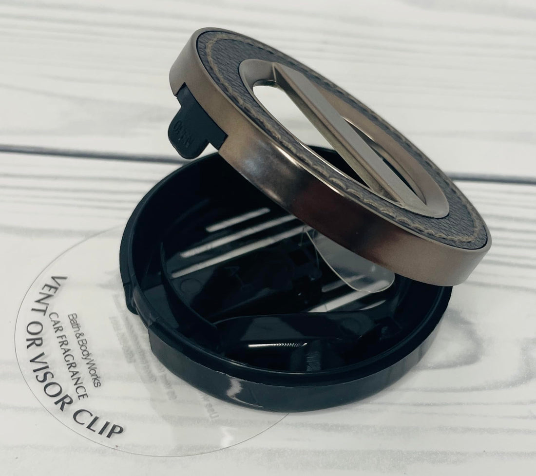 Bath and Body Works Brown Leather Stitched Car Visor Fragrance Holder Easy To Open