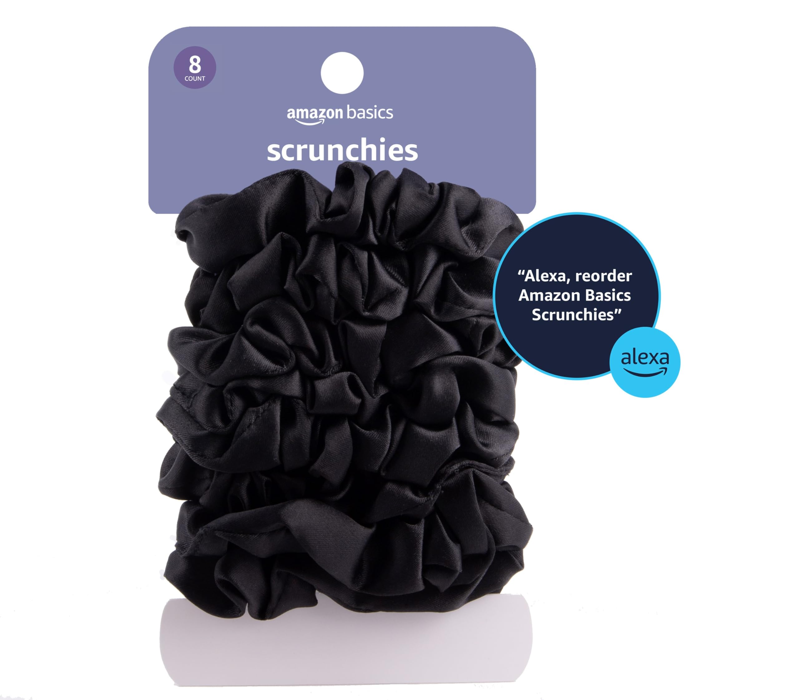 Amazon Basics Satin Scrunchies Black Hair Ties, Pack of 8