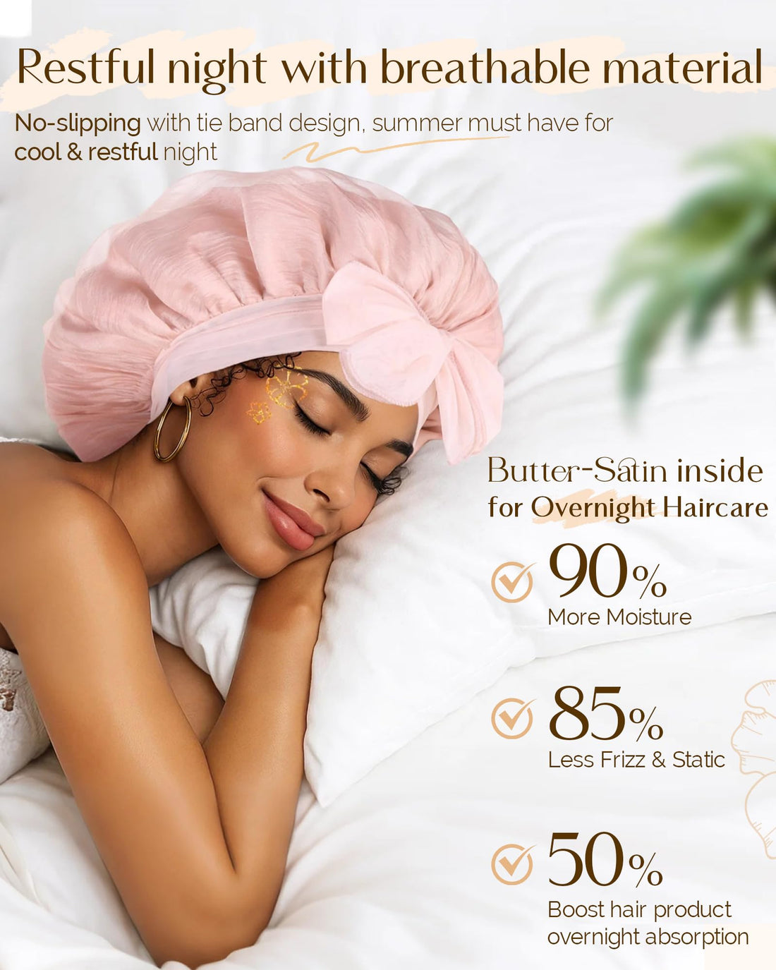 YANIBEST Silk Bonnet for Sleeping Women, Satin Lined Hair Bonnet with Breathable Tie Band for Curly Hair, Head Wrap Cap, Pink