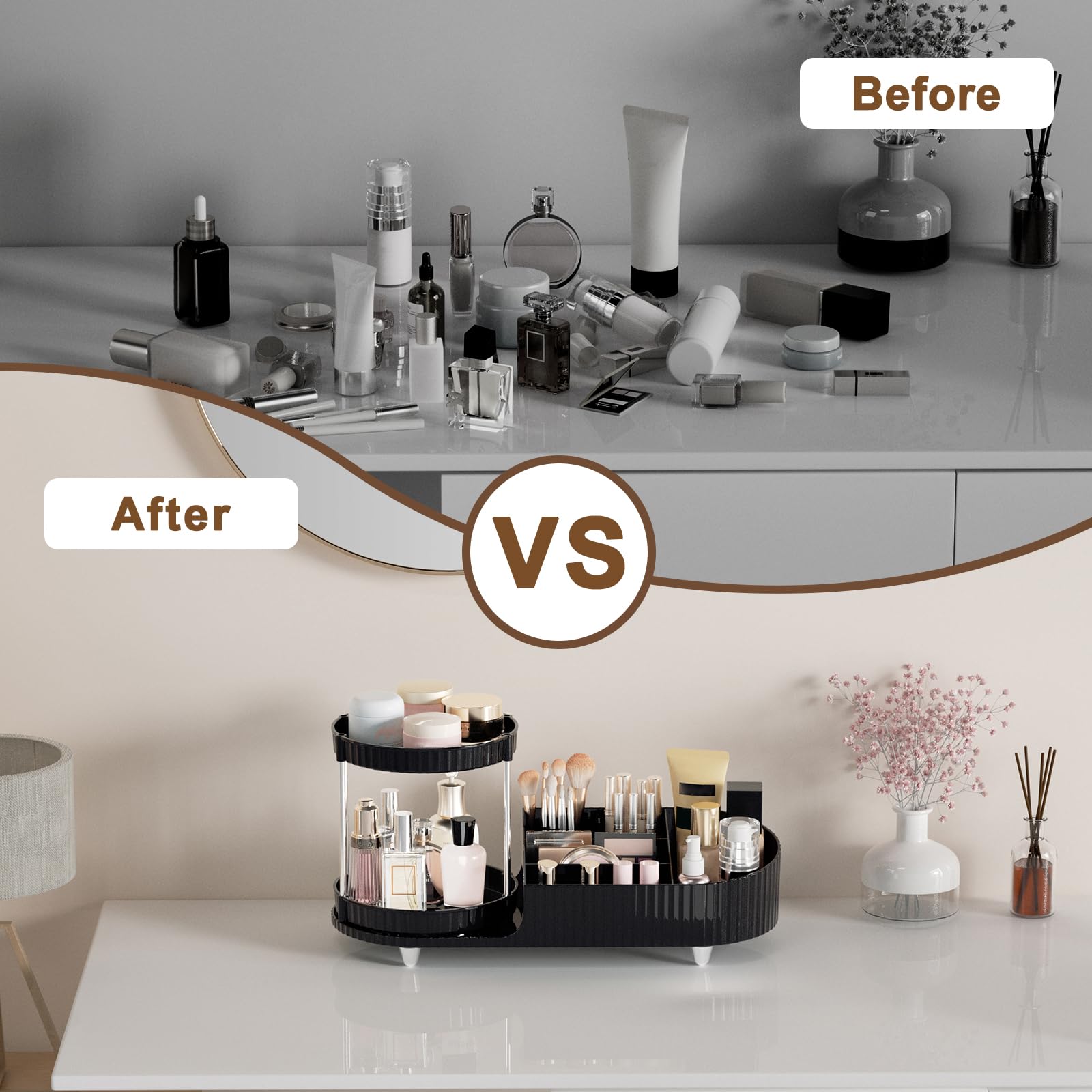 Makeup Organizer Countertop for Vanity with 360 Rotating Perfume Trays, 7-Compartment Skincare Organizers and Make Up Desk Storage, Cosmetic Organizer with Brush Holder for Bedroom Bathroom Counter