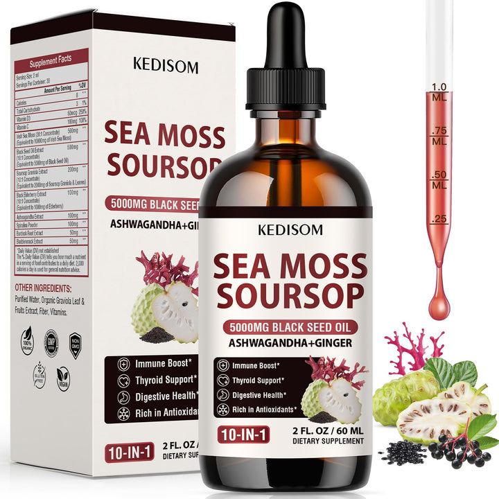 KEDISOM Irish Sea Moss Soursop Drops 2 Fl Oz - Sea Moss Black Seed Oil Multivitamin Liquid with Ashwagandha, Burdock Root, Bladderwrack, Soursop Seamoss Supplement for Gut, Immunity, Thyroid Support