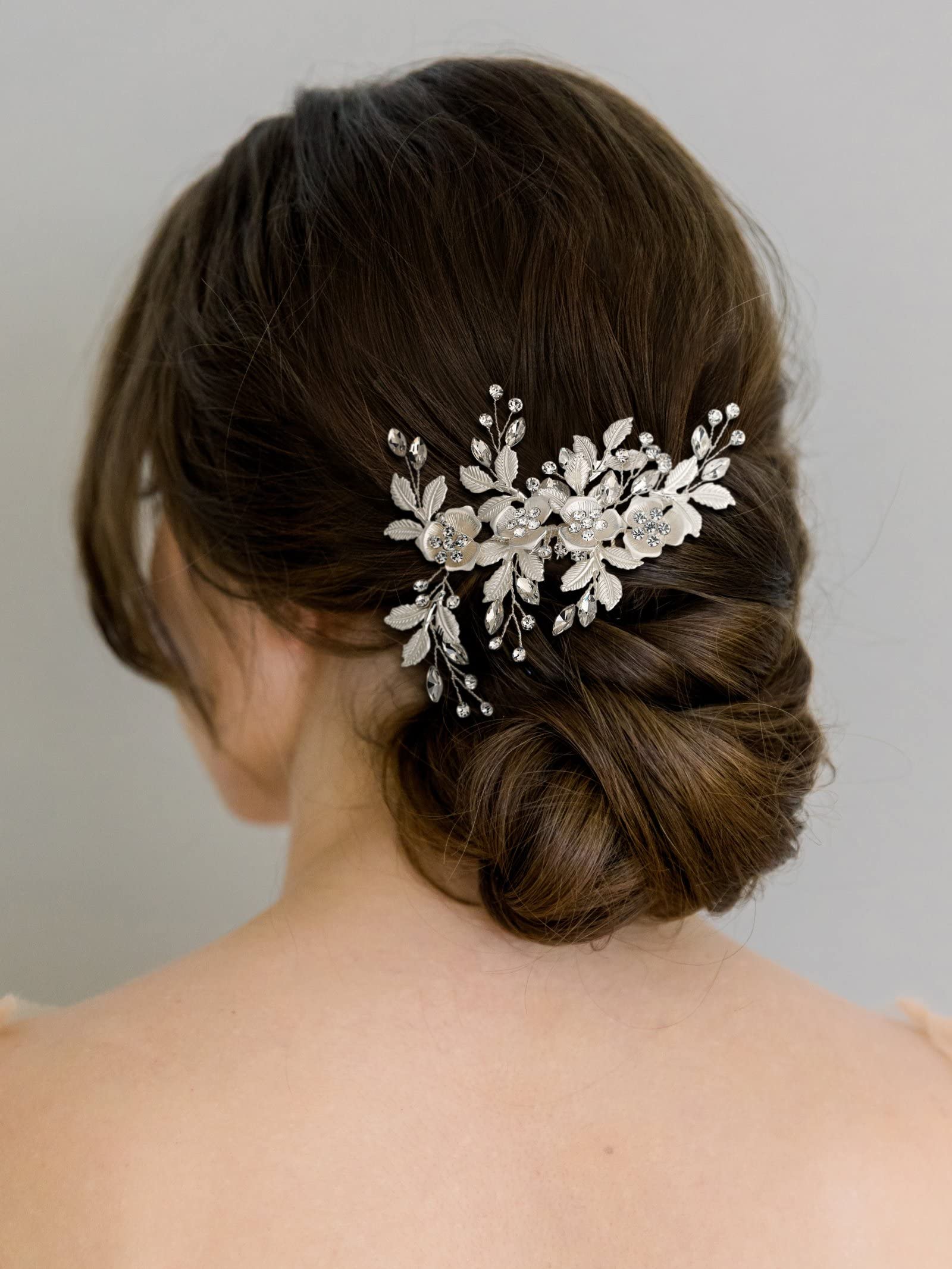 SWEETV Rhinestone Wedding Clip Silver - Bridal Comb Barrette Handmade Flower Clip Head Pieces for Women